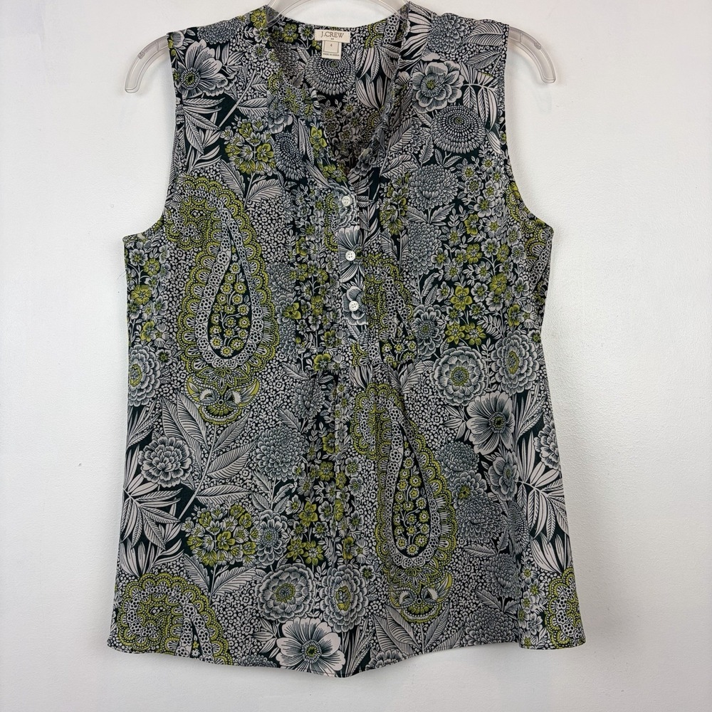 J Crew Top Womens Size 4 Printed Tuxedo Cami Floral Green Boho Vacation